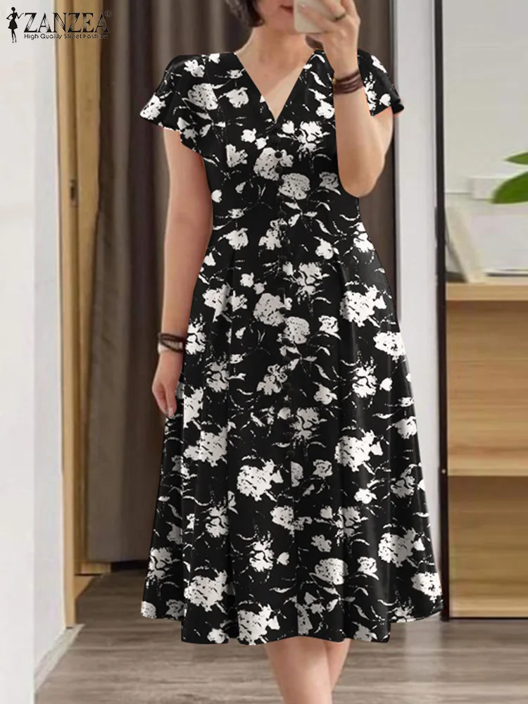 ZANZEA-vestido Midi de verano para mujer, traje informal con manga con volantes y escote triangular, estampado Floral, 2024