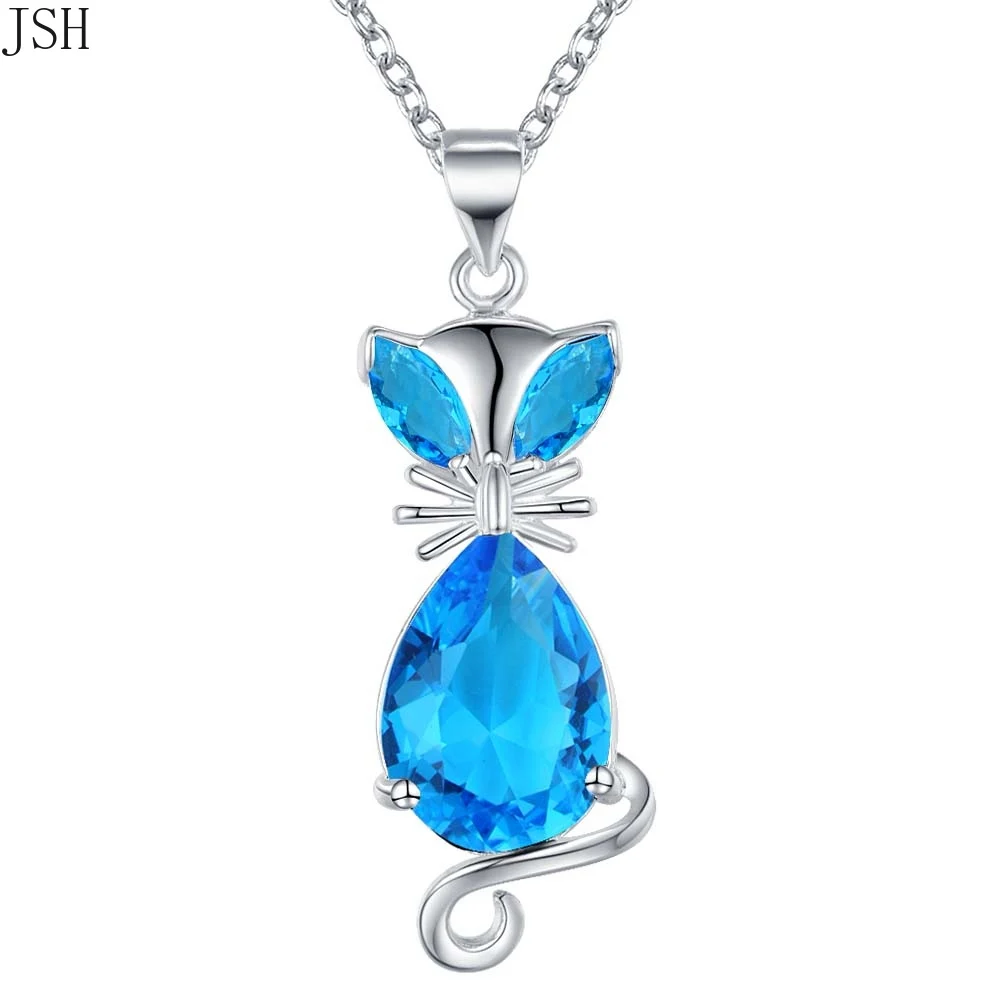 For women lady silver color fashion CZ STONE wedding elegant kitten red blue crystal necklace women charms Best Gift cute