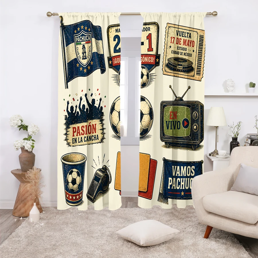 2PCS Curtains, Vintage Pachuca Football Themed Print with Team Flag, Match Score Tag, Game Ticket, Soccer Ball, Cheering Crowd,