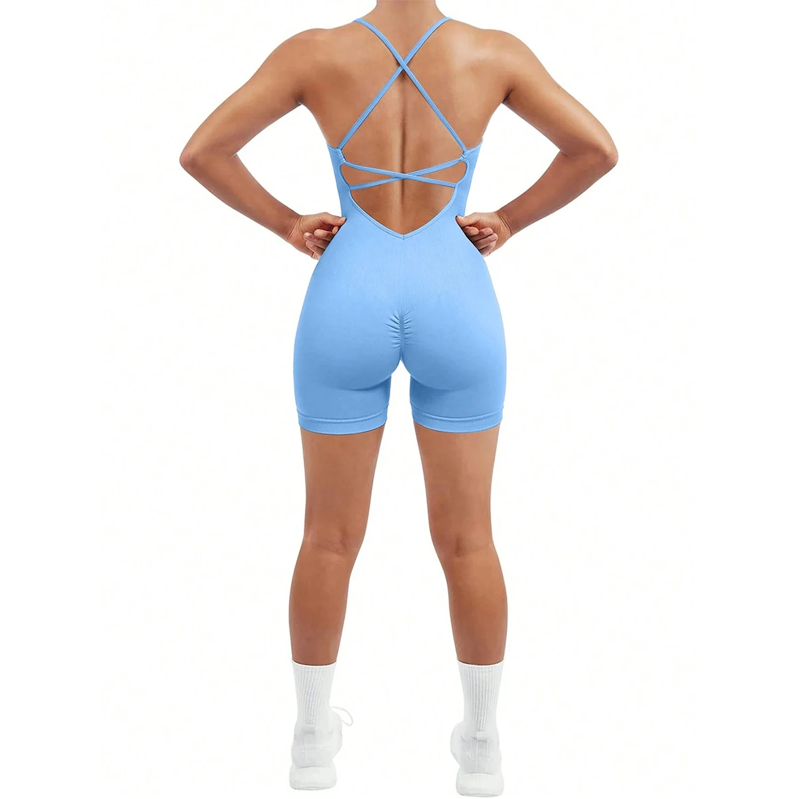 Women Workout Romper Solid Color Sleeveless Backless Yoga Shorts Jumpsuit for Sports Gym Fitness Athletic Active Wear