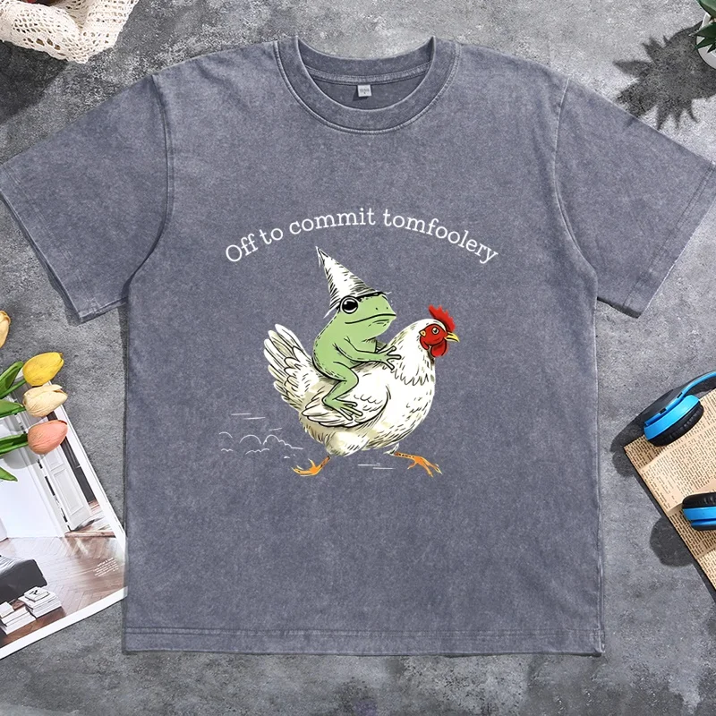 Off To Commit Tomfoolery T-Shirts Frog Riding Chicken Tee Graphic Tee Casual Cotton Short Sleeve Tshirt Vintage Washed Oversized