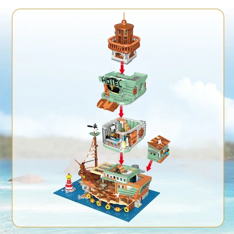 2142PCS Harbour Hotel Building Blocks Fishing Village Hut Fisherman's Wharf Model Bricks Desktop Decoration Toy For Kids Gifts