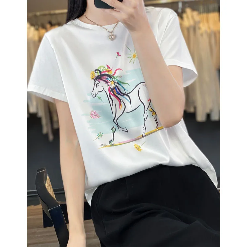 Women\'s Clothing Printing Spliced Temperament T-shirt Summer Korean All-match Round Neck Short Sleeve Casual Comfortable Tops