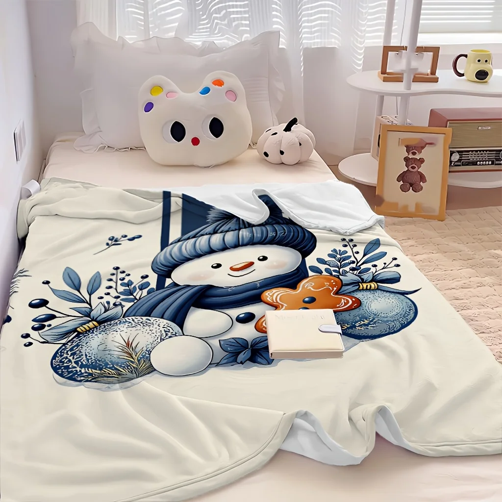 1pc Scarf Snowman Squirrel Winter Forest Cute Print Flannel Blanket, Soft and Practical, Suitable for Blankets, Kid Bed Covers,