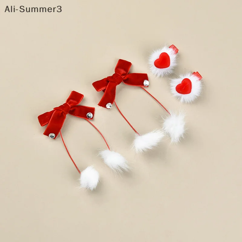 دبابيس شعر على شكل فيونكة مخملية حمراء للأميرة فتاة لطيفة على شكل قلب أطفال للخريف والشتاء مقاطع شعر كورية حلوة أغطية رأس للعام الجديد #3