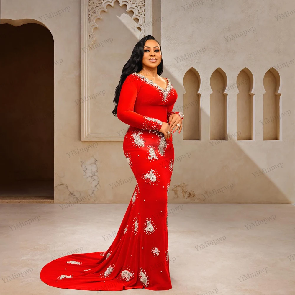 Gaun Malam Merah Diamantes Panjang Mewah 2025 Model Duyung V-Neck Berhias Berlian Imitasi Seksi Afrika Formal Pesta Prom Gala Gaun Dapat Disesuaikan