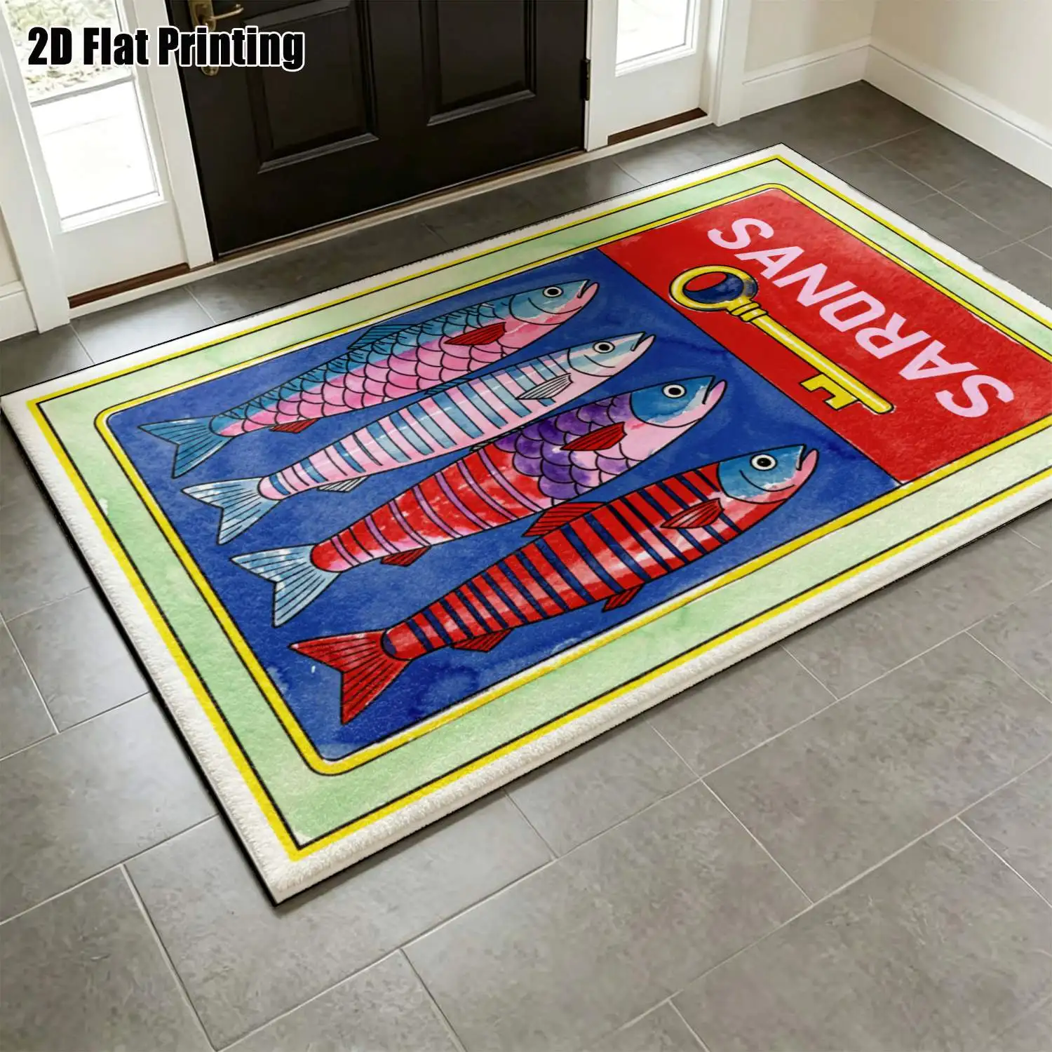 1Pc 2D Printed Retro Fish-Letter Carpet Nordic/Instagram-Style Minimalist Geometric Striped Floor Mat, Machine Washable, Multi-Size. For Home Decor: Entrance, Dining Room, Foyer, Living Room, Bedroom.