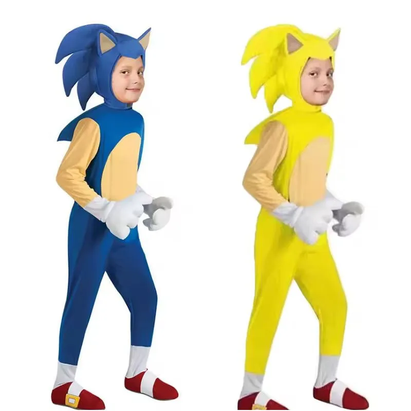 Sonics Cartoon Jumpsuit Bodysuit Kids Cosplay Disguise Hedgehog Cosplay Costume Anime Boys Girls White Gloves Halloween Gift