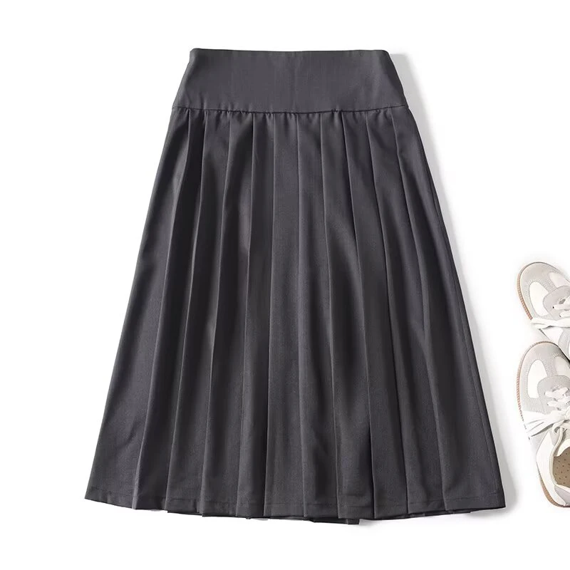 YENKYE New Commuting Style Midi Pleated Skirt For Women Dark Gray Autumn High Waist Skirts
