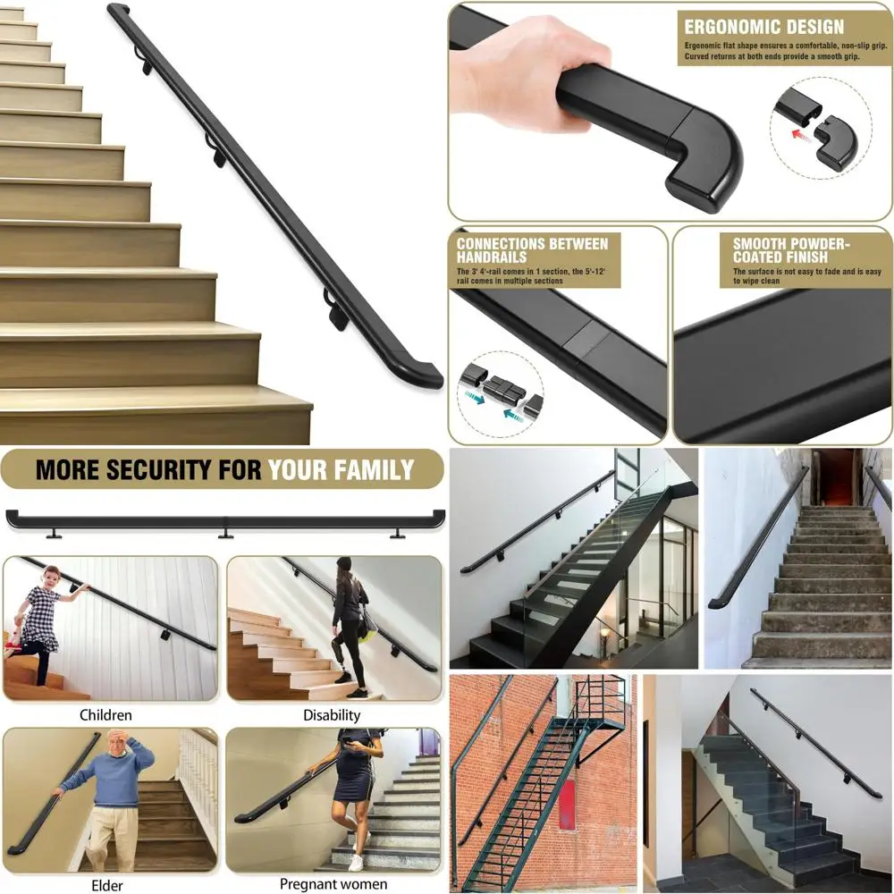 درابزين درج داخلي وخارجي معدني أسود مع إرجاع جدار للخطوات والسلالم