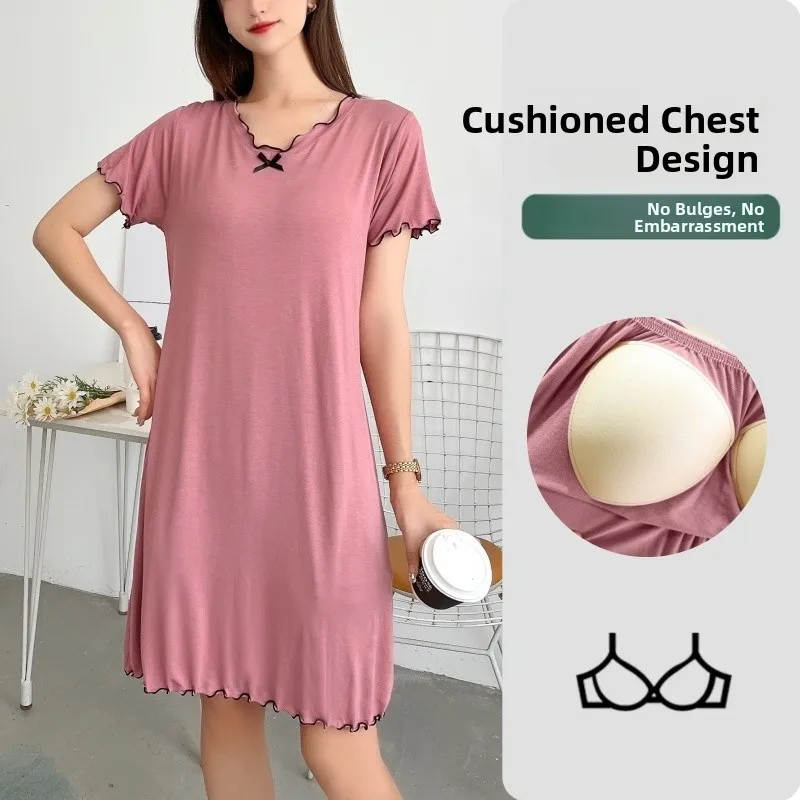 Women's Modal Short Sleeve Dress Large Size Summer Thin Dress Mid-Length Sleepwear Gown with Chest Pad Simple round Neck Design