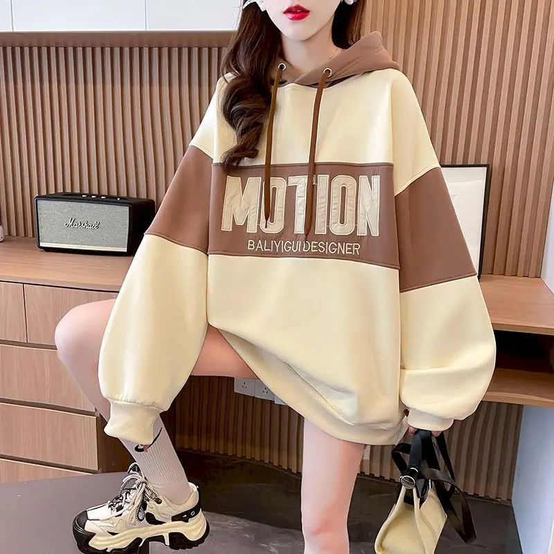 Fashion Hoodies Women Spring Autumn Trend Hooded Coats Casual Loose Letter Print Color Blocking Hoodie Oversized Top Y2k Clothes