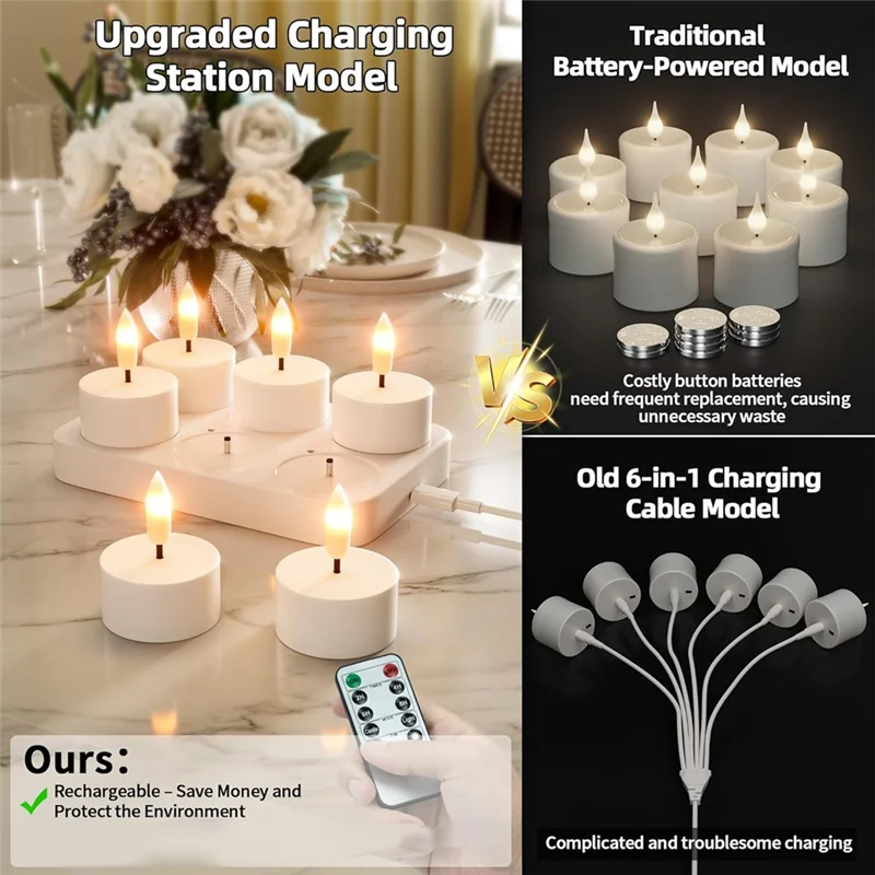 A53Q-Flameless Tea Light Candles Rechargeable 6Pcs With Charging Station Battery Tea Light Candles Remote& Timer
