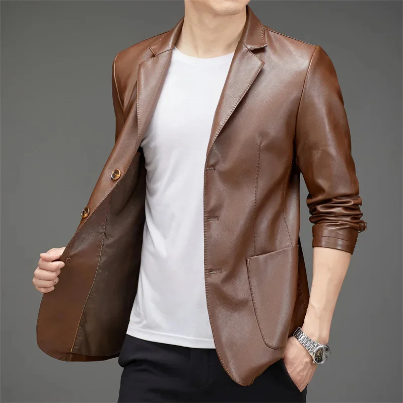 2023 New Thin Slim Large Size Coat Autumn Men Short Solid Color Business Leather Jacket Casual Versatile Outerwear