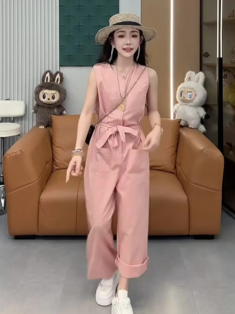 2025년 여름 패션 캐주얼 루즈 여성 세트 한국 스타일 슬림핏 스웨트셔츠 와이드 레그 팬츠 점프수트 폴리에스터