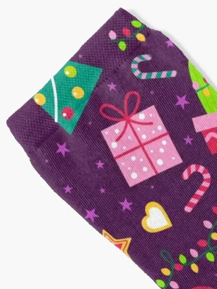 Christmas pattern of llamas, cactus, gifts, Christmas trees, holly, mistletoe, Christmas lights Socks
