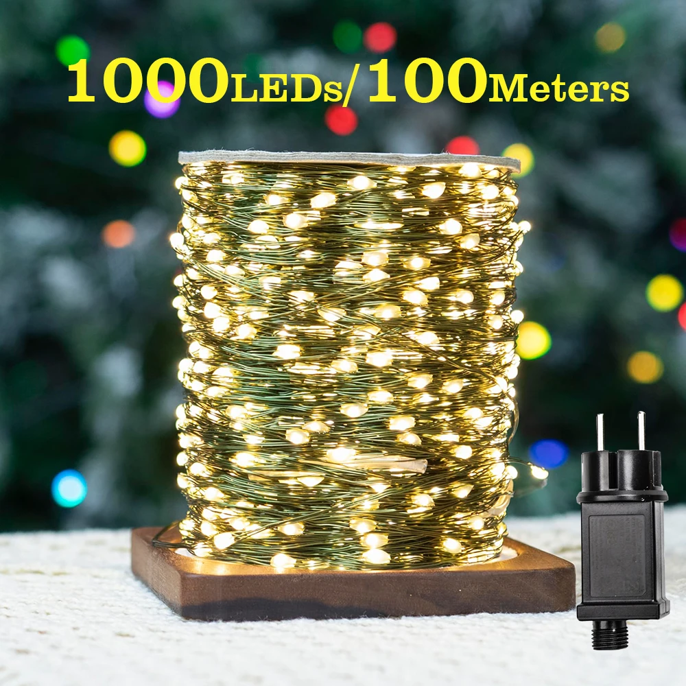 สายสีเขียว 1000 ไฟ LED String 100 M ต้นคริสต์มาสไฟ Fairy กันน้ํากลางแจ้ง Garland คริสต์มาสตกแต่งวันหยุด