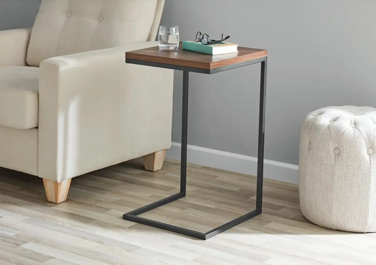 C-Shape Metal End Table, Canyon Walnut Finish