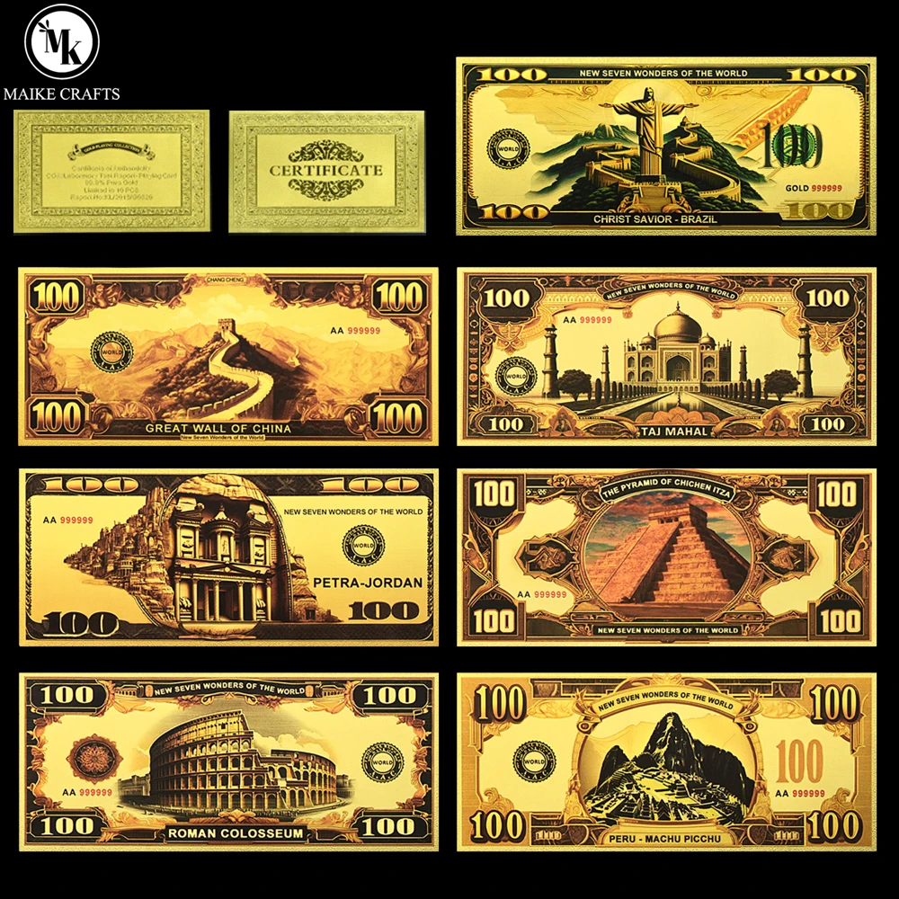 سبع عجائب العالم أوراق نقدية من رقائق الذهب ، تاج محال الكولوسيوم إيتزا بيترا بيتشو هدية نقود بلاستيكية ماتشو ، دولار
