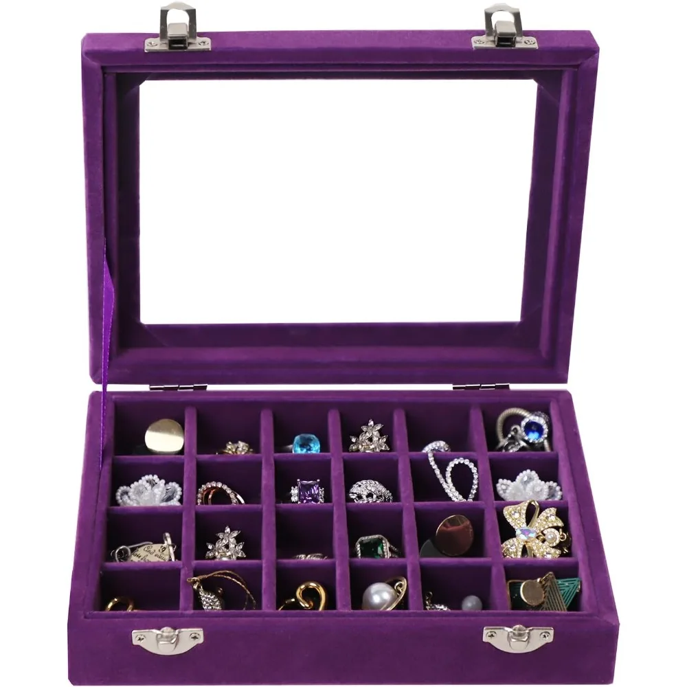 

Jewelry tray, detachable storage box, 24-compartment velvet transparent glass lid, jewelry display box