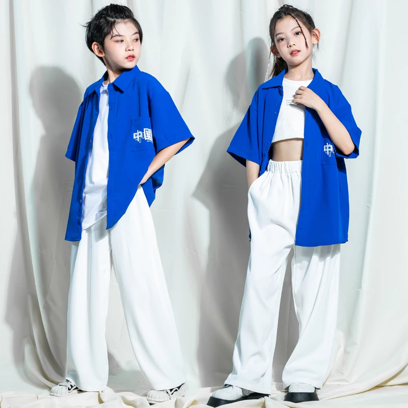 Costume de danse jazz pour enfants, vêtements de scène, vêtements de rue pour filles et garçons, tenues Kpop pour adolescents, vêtements Hip Hop, chemise bleue, pantalon Y-Baggy