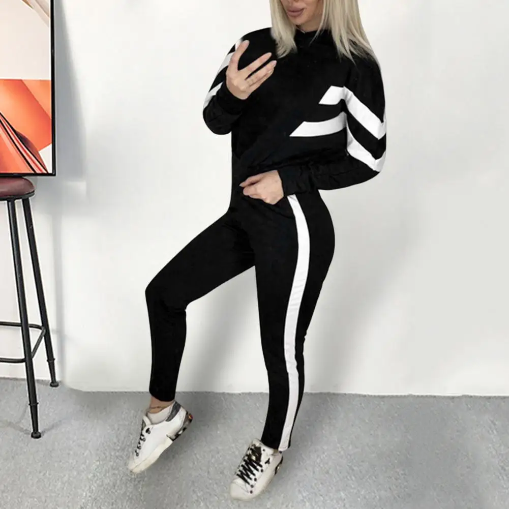 1 Set Women Sweatshirt Sweatpants Stripe Long Sleeve Europe America Outfit Drawstring Hooded Sportswear Set Two Piece Set