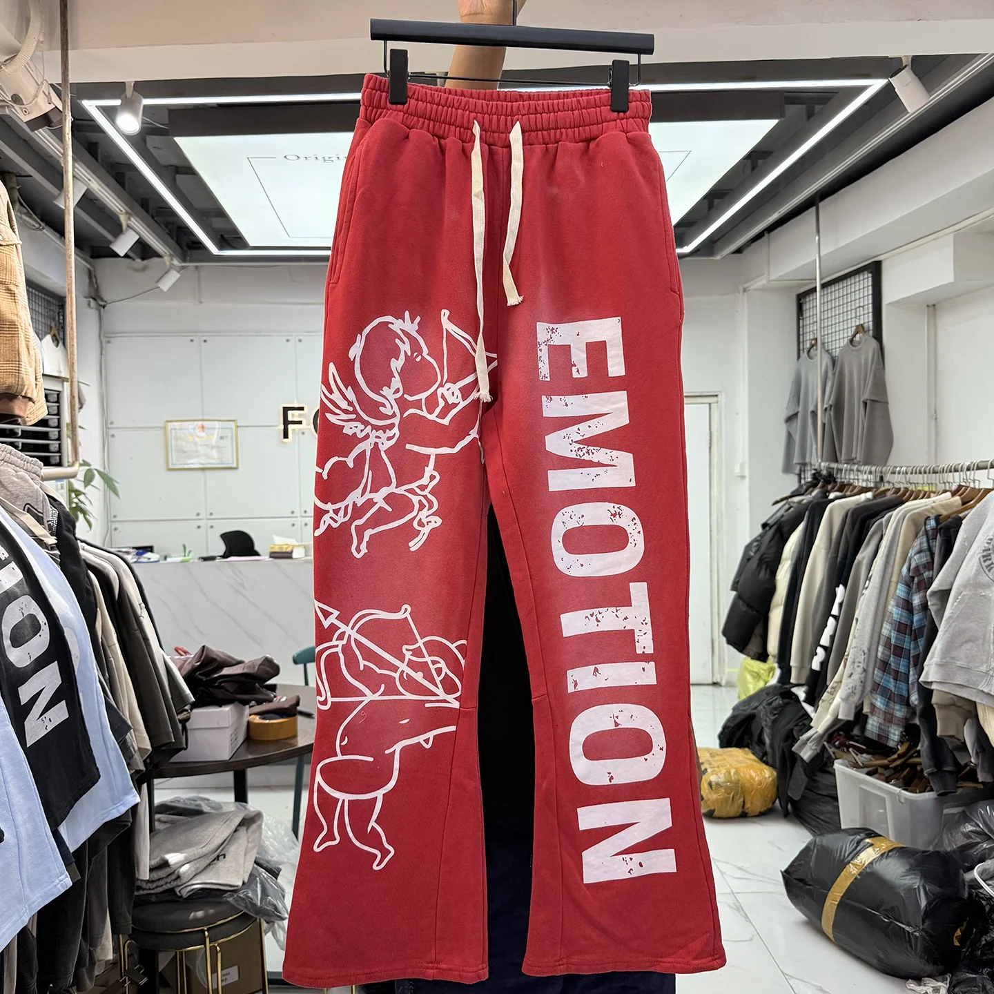 American Street Style Washed out Letter Print Drawstring Sweatpants Casual Loose Flared Pants for Men And Women