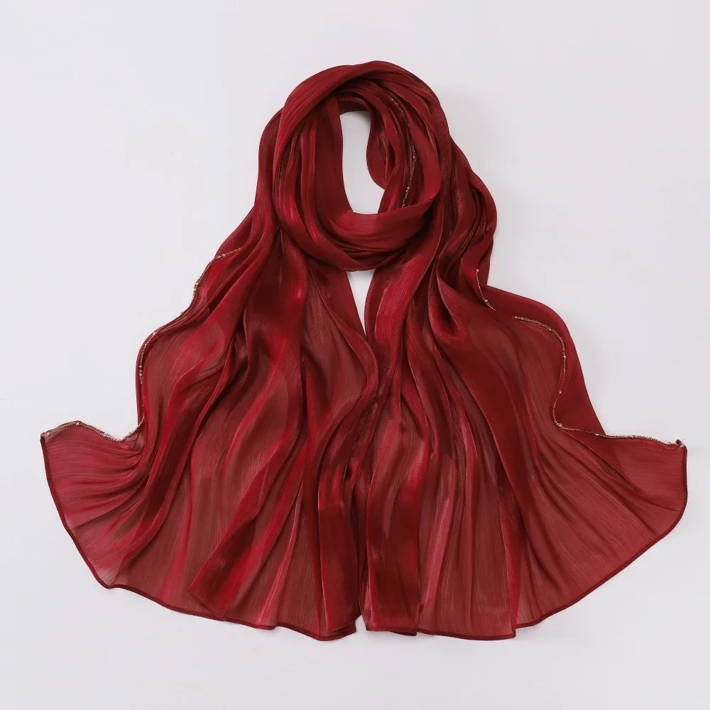 High Qulaity Solid Color Silk Scarf Shining Unilateral golden chain Chiffon Hijab Veil Long Chiffon Sunscreen shawl Outdoor view 5