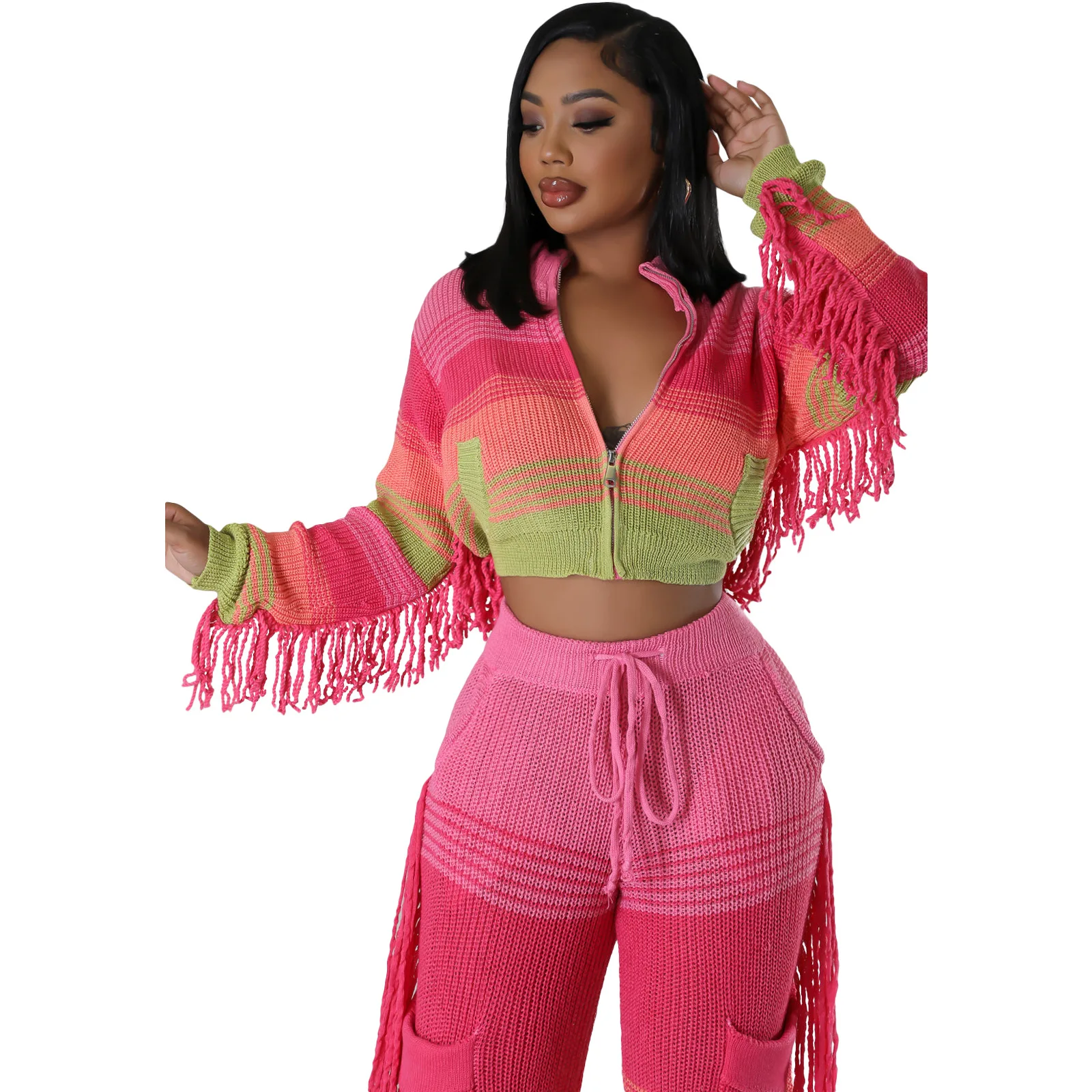 2024 Autumn Knitted Crochet Patchwork Tassel 2 Piece Set Women Stand Collar Zipper Short Top Drawstring Pants Casual Streetwear