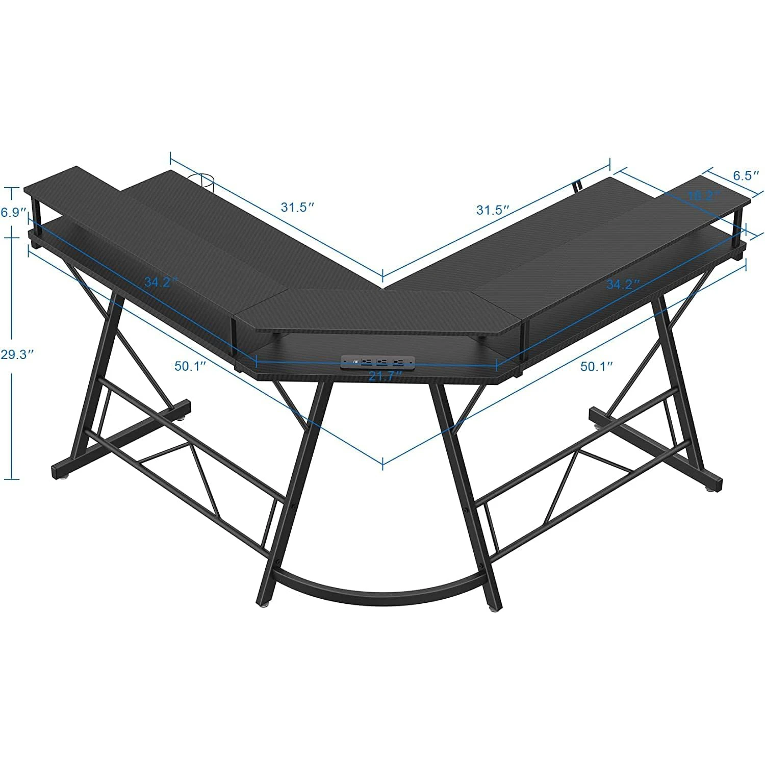 Chulovs Gaming Desk 50.4” with LED Strip & Power Outlets, L-Shaped Computer Corner Desk Carbon Fiber Surface with Monitor Stand