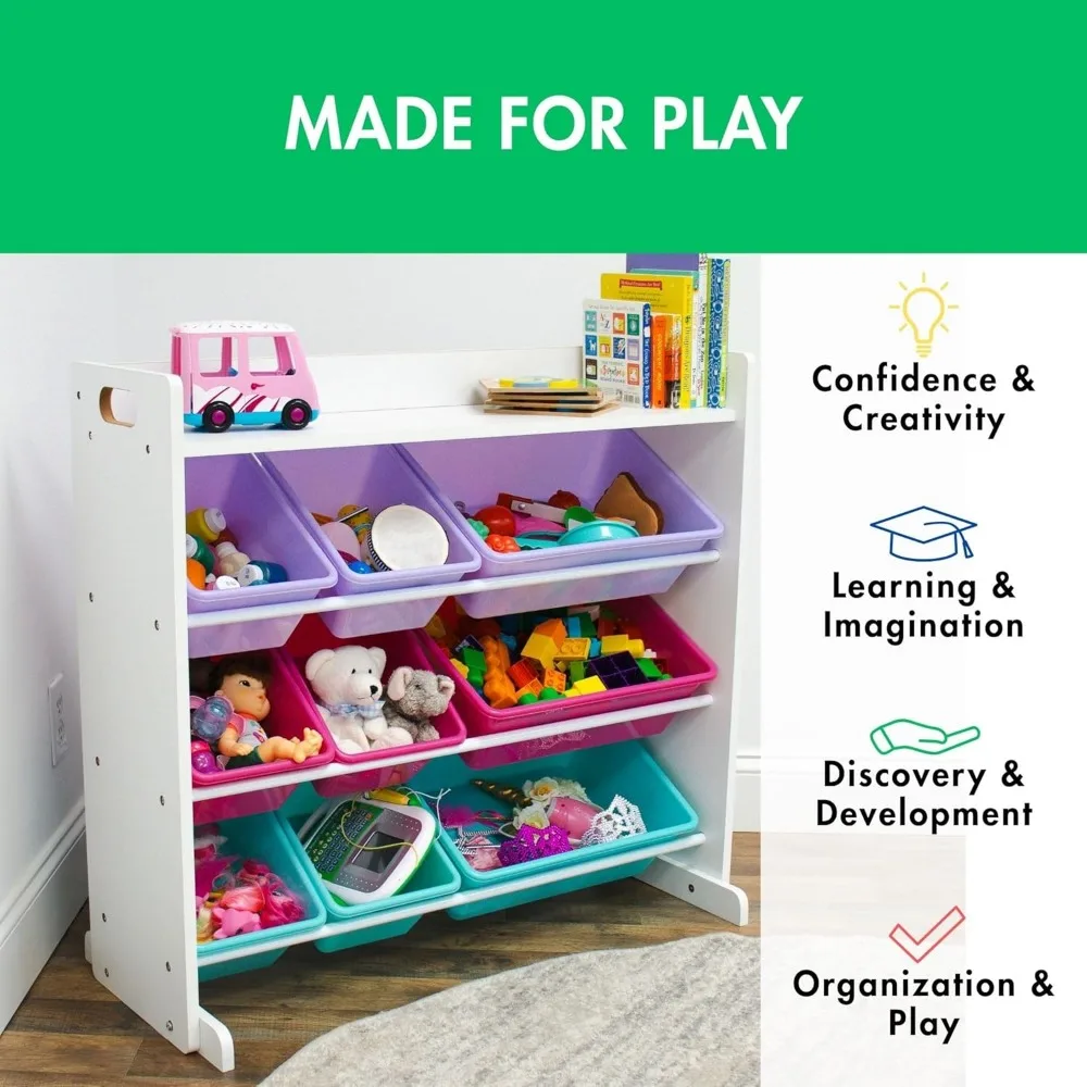 منظم تخزين ألعاب الأطفال مع 9 صناديق قابلة للإزالة، رف كتب أبيض/وردي/أرجواني/أكوا لغرف اللعب والحضانات