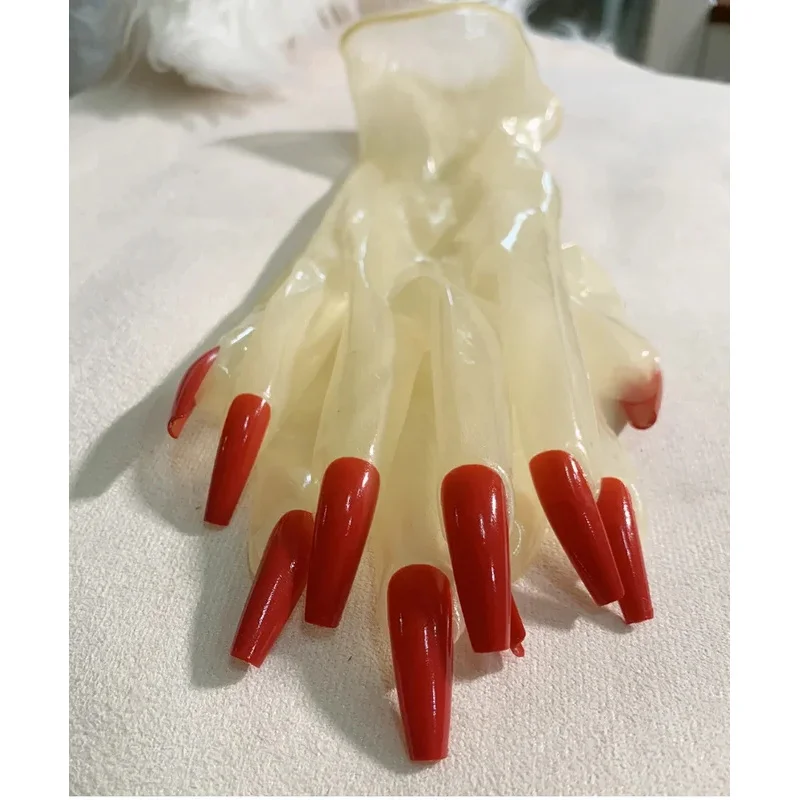 Crossdress Мужской Женский Масло Блестящие Прозрачные Супер Тонкие Латексные Зентаи Длинные Красные Плоские Ногти Фетиш Прозрачные Косплей Перчатки Кигуруми