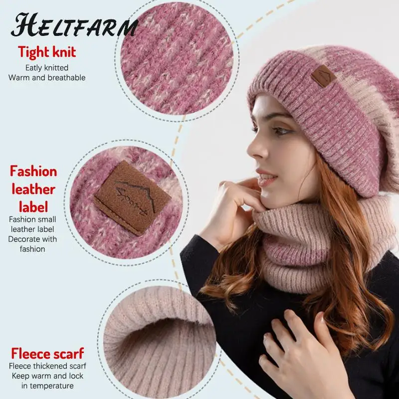 Winter Hat & Scarf Women\'s Two Tone Fashionable Ear Protection Beanie Hat Plush Neck Warmer Scarf Set