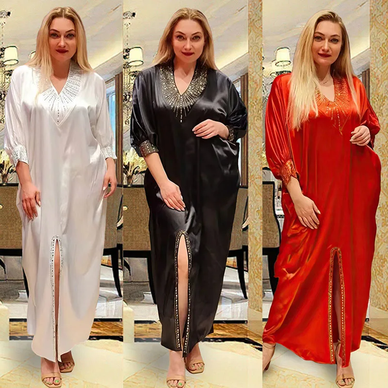 

African Dresses for Women 2024 New Plus Size Africa Clothes Outfits Elegant Muslim Abaya Dubai Kaftan Satin Maxi Dress Maxi Robe