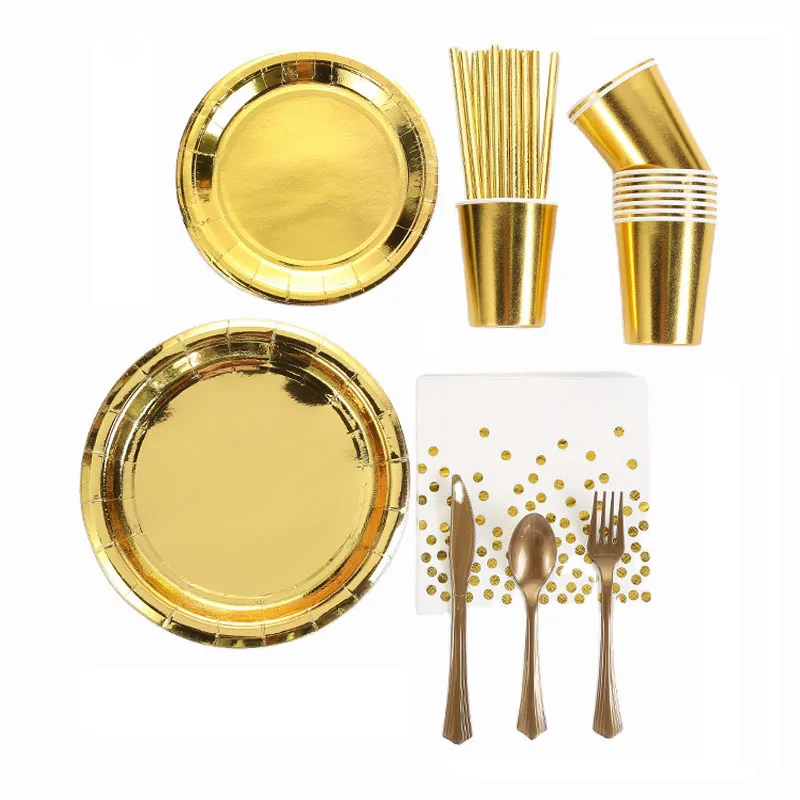 

Gold Party Supplies Tableware Foil Plate Napkin Flatware Cups for Wedding Birthday Service for The production 10 sets