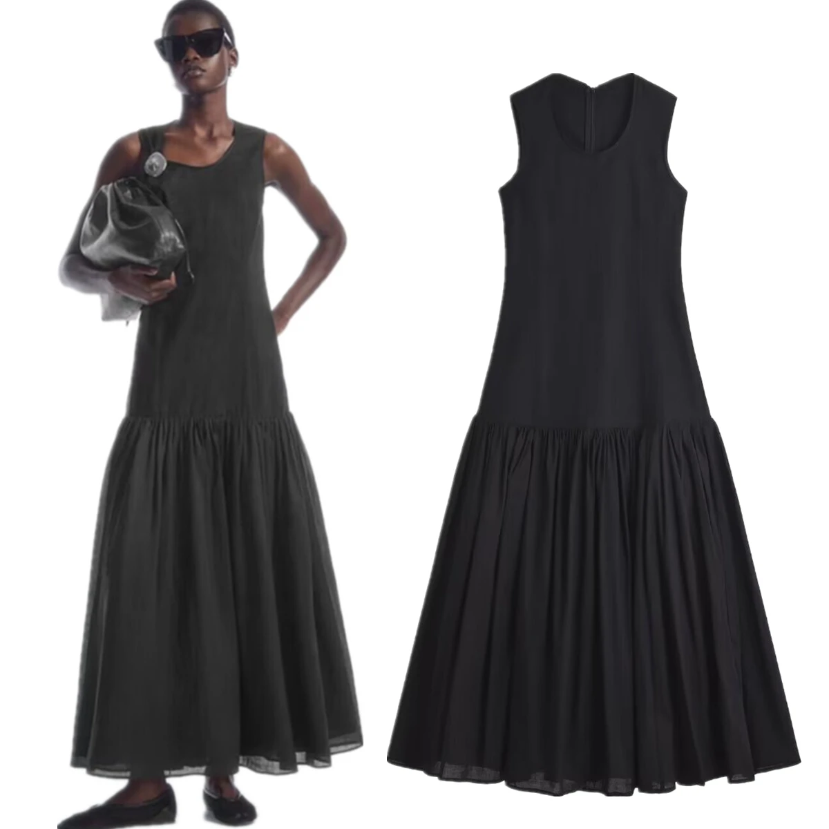 Vestido MIDI sin mangas de lino y algodón negro minimalista marchito, vestido sin mangas para ir al trabajo a la moda para mujer, vestido de cuello redondo para mujer