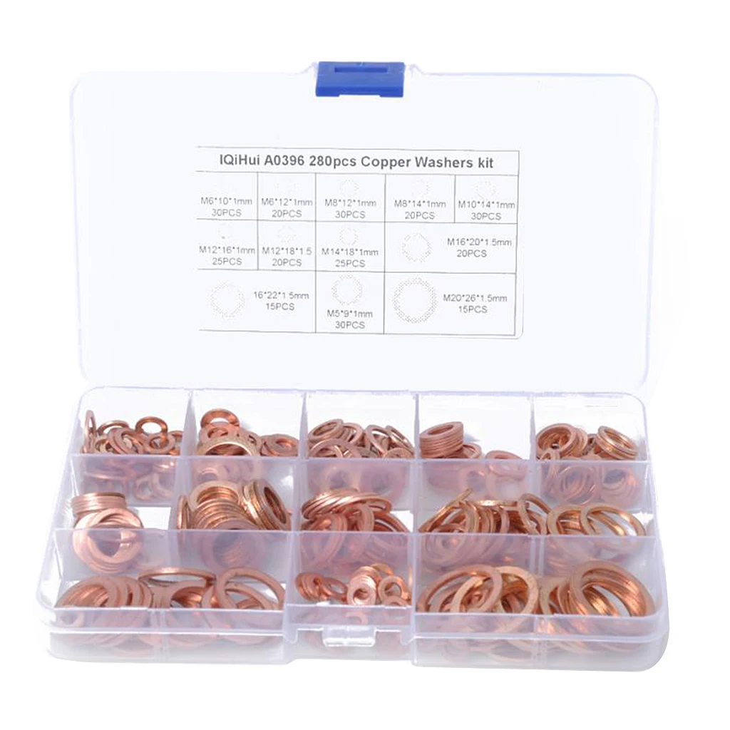 280pcs Brand New Copper Washer Gaskets Flat Rings 12 Sizes