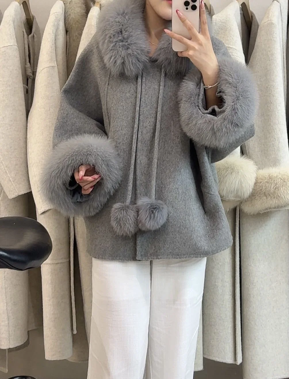 OFTBUY Women's Short Wool Coat Real Fox Fur Collar Cuffs Pom Pom Drawstring Woolen Clothing New Winter Warm Elegant Outerwear