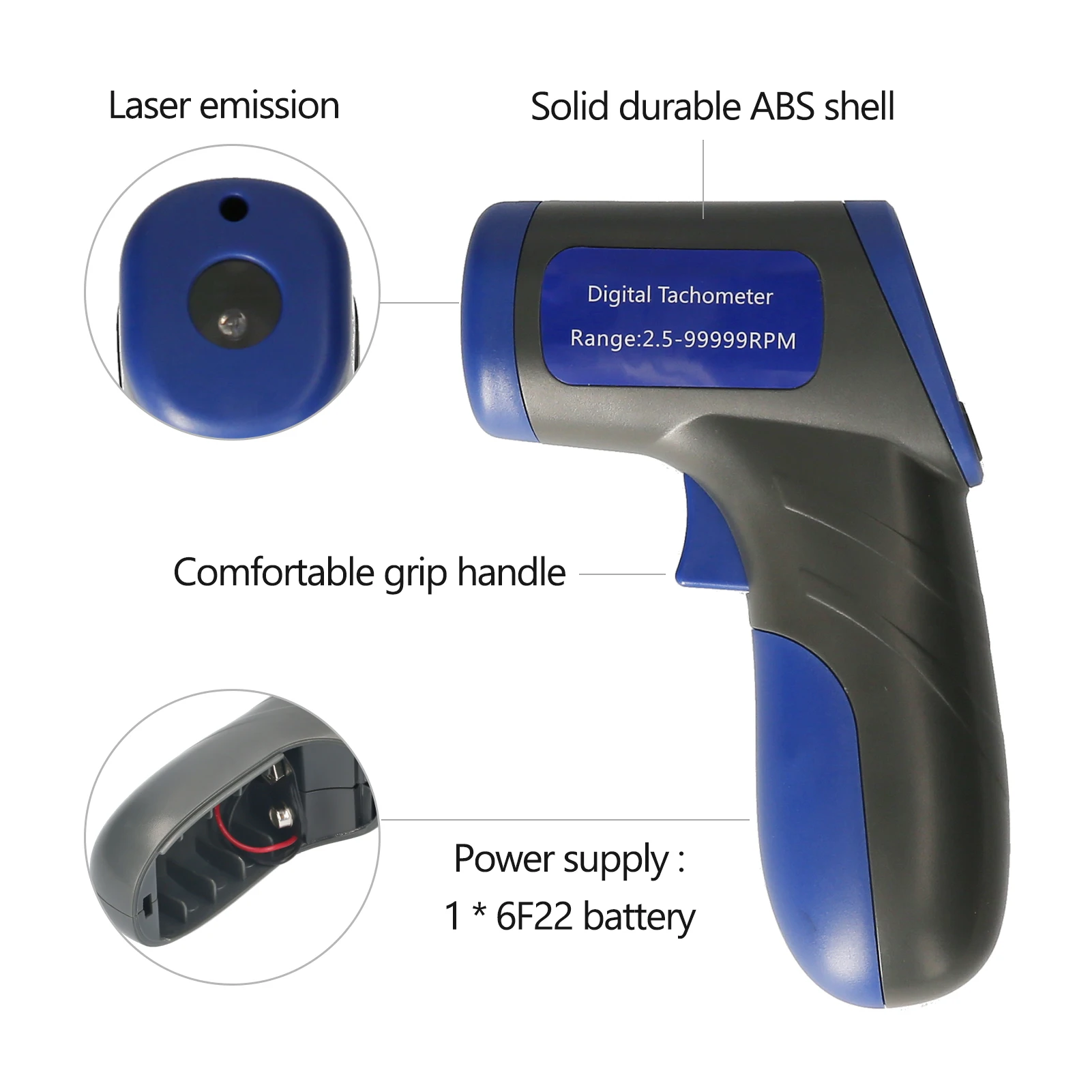 Digital Tachometer Laser Tachometer Handheld RPM Meter Speedmeter (2.5-99999RPM Measuring Range) with Backlit LCD Display