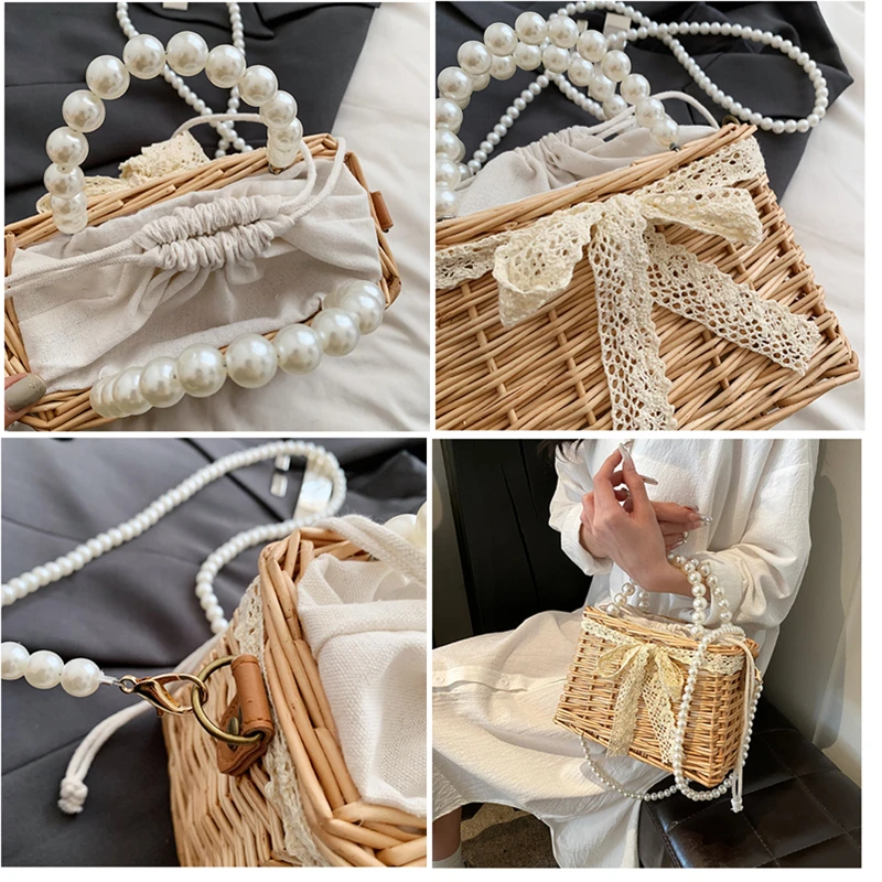 New Women Straw Bags and Handbags Summer Rattan Handmade Tote Bags Ladies RibbonsSummer Beach Basket Bag Pearl Beads Travel Bag