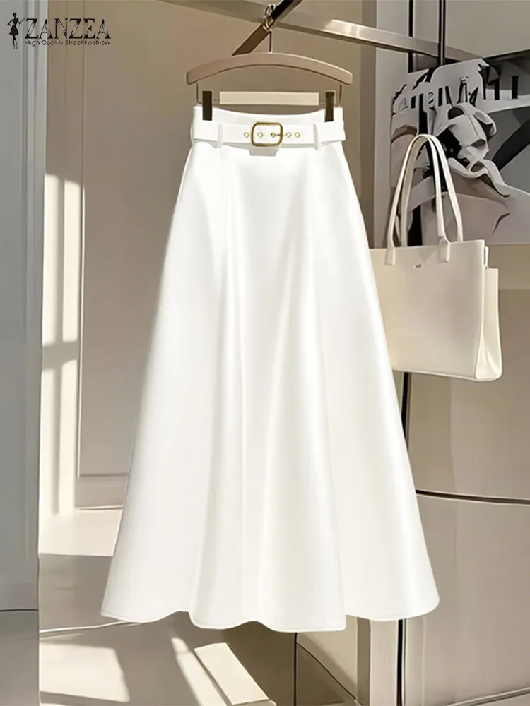 

ZANZEA Autumn High Waist Jupes Elegant Women OL Work Skirts 2025 Stylish Solid Satin A-line Party Skirt Casual Belted Falda Saia