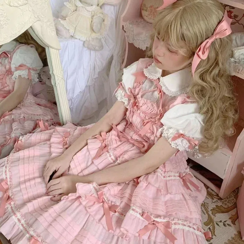 

az15Summer Japanese Dress Sweet Lolita Straped Dresses Female Girls TALI Contrast Bow JSK Women Lace Loli Kawaii Dres