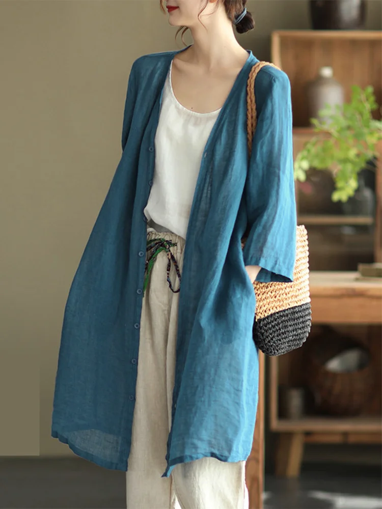 جديد الصيف المرأة القطن الكتان معطف طويل فضفاض تكييف الهواء irt رقيقة الفنية الرجعية اللون ملابس خارجية Jaet #1