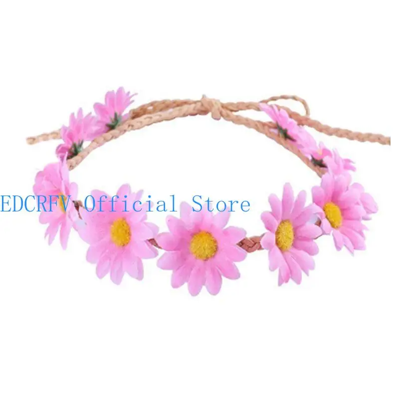 

652F Hair Wreath Headband Floral Crown Garland with Adjustable Ribbon Festivals Party Headpiece for Beach for Sun H
