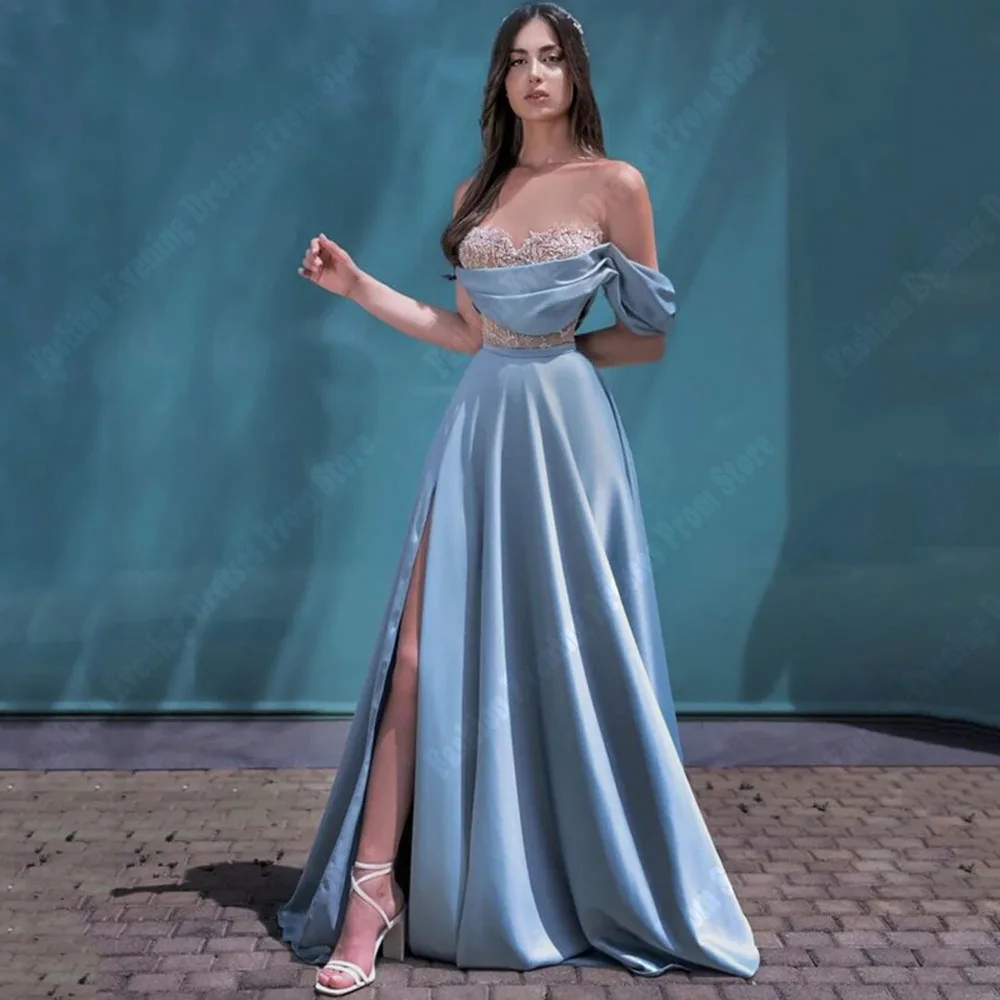 Schulter freie himmelblaue Frauen Ballkleider a-Linie Satin Aufkleber Prinzessin Abendkleid formelle Mode Promi Party Roben de Soirée