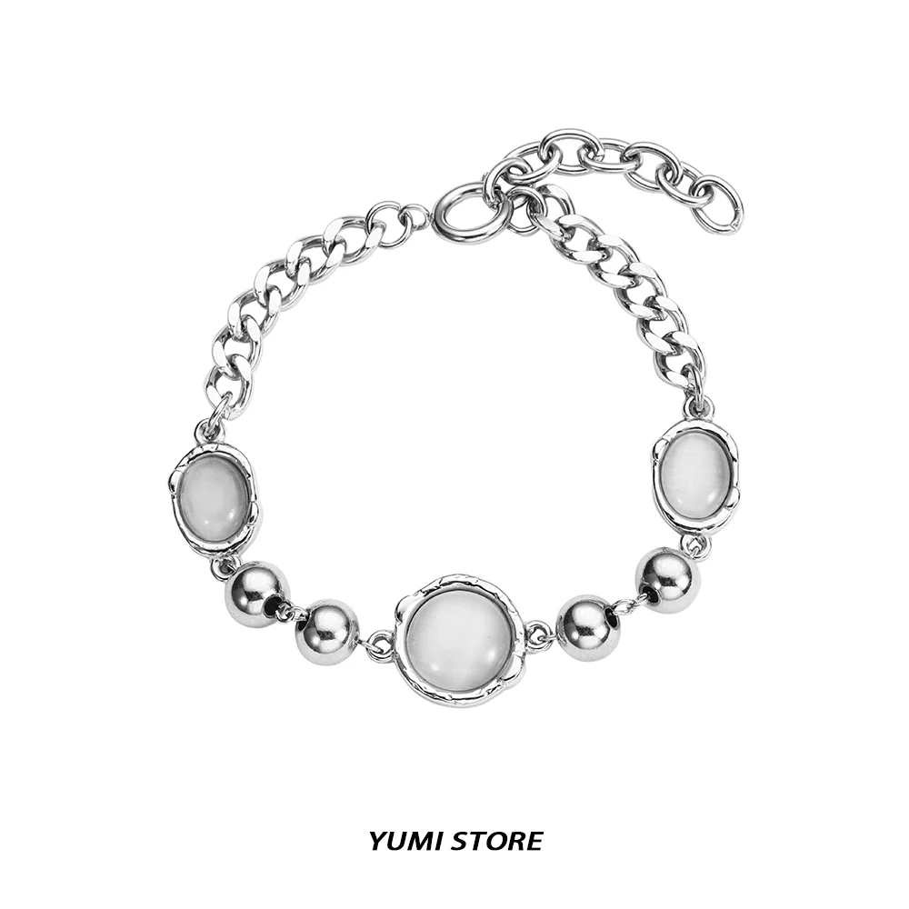 

Luxury Moonstone Bracelet For Man Woman Non Fading Titanium Steel Cat Eye Stone Beaded Bracelet Fashion Couple Jewelry Kpop Gift