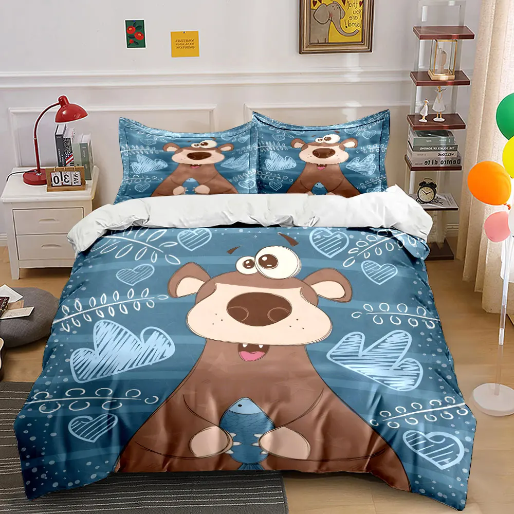 Juego de ropa de cama con estampado de oso de dibujos animados sosteniendo un pez con corazones, suave y cómodo, incluye 1 funda nórdica y 2 fundas de almohada.
