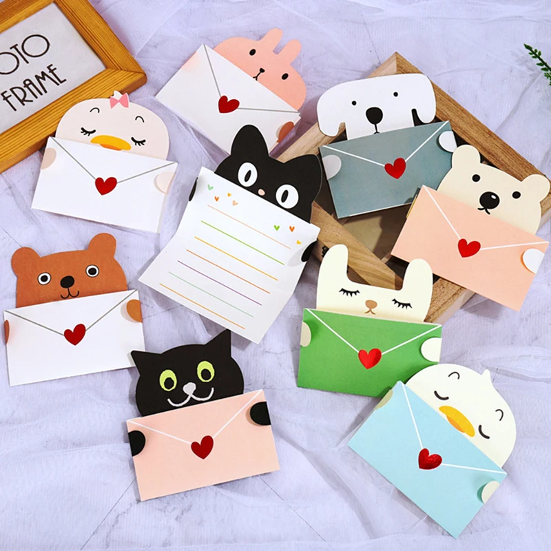 1/9pcs Cartoon Gift Card Folded Envelope Greeting Card Holiday Wishes Postcards Animals Birthday Cards For Students Party