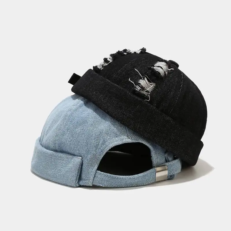 Unisex Vintage Adjustable Denim Beret Skull Bonnet Hip Hop Melon Beanie Cap Dome Hat Docker Hole Design for Men And Women