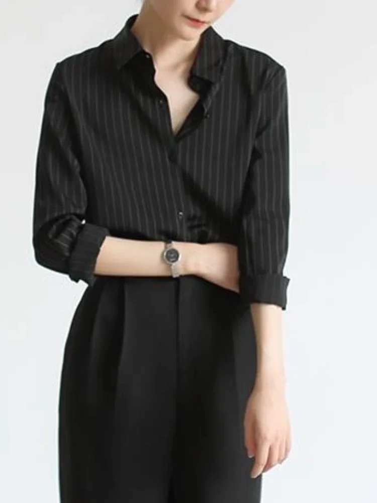 Blusa feminina listrada francesa 2025 primavera nova moda solta camisas pretas para mulheres vertical elegante tops de manga comprida para mulheres